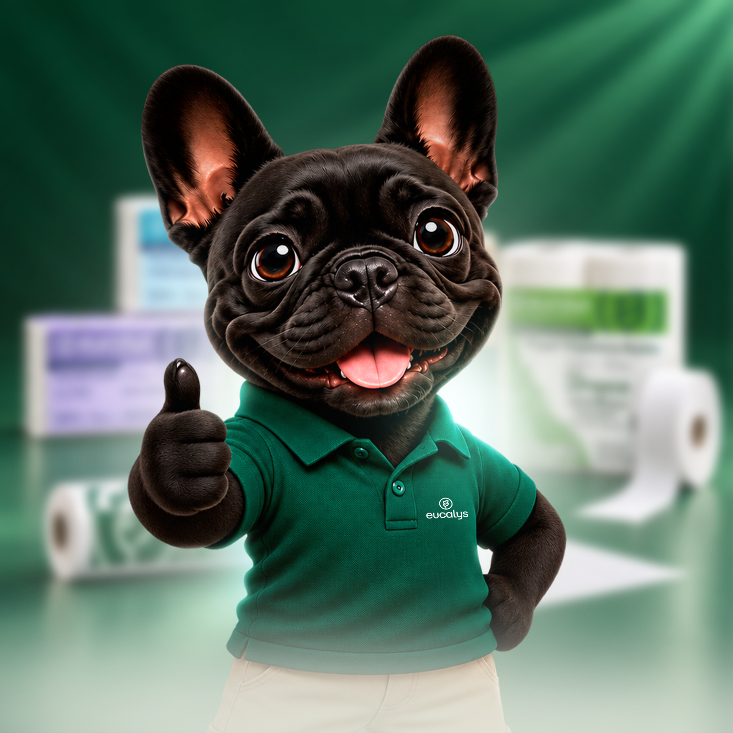 Mascote da Eucalys fazendo um sinal de positivo, com produtos de papel ao fundo